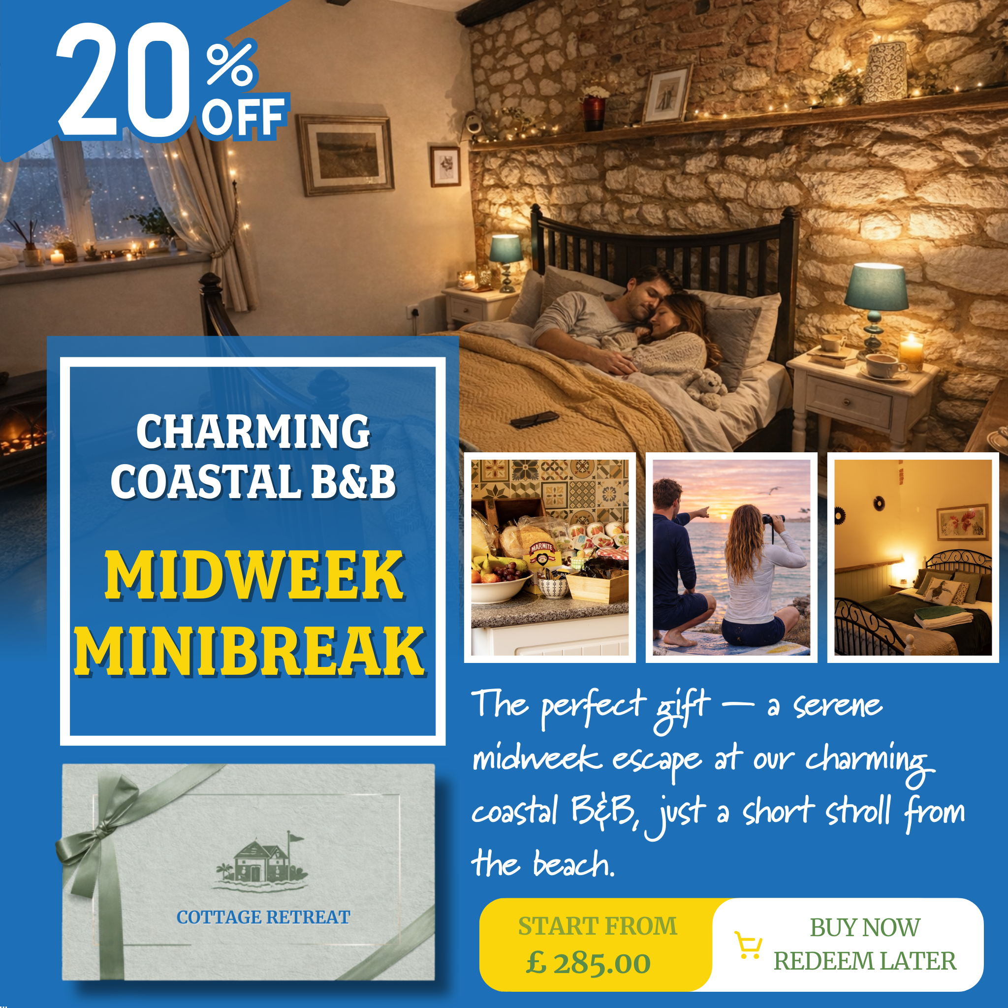 20% Off Romantic Coastal Escape – Bed & Breakfast Gift Voucher Perfect for Lovers