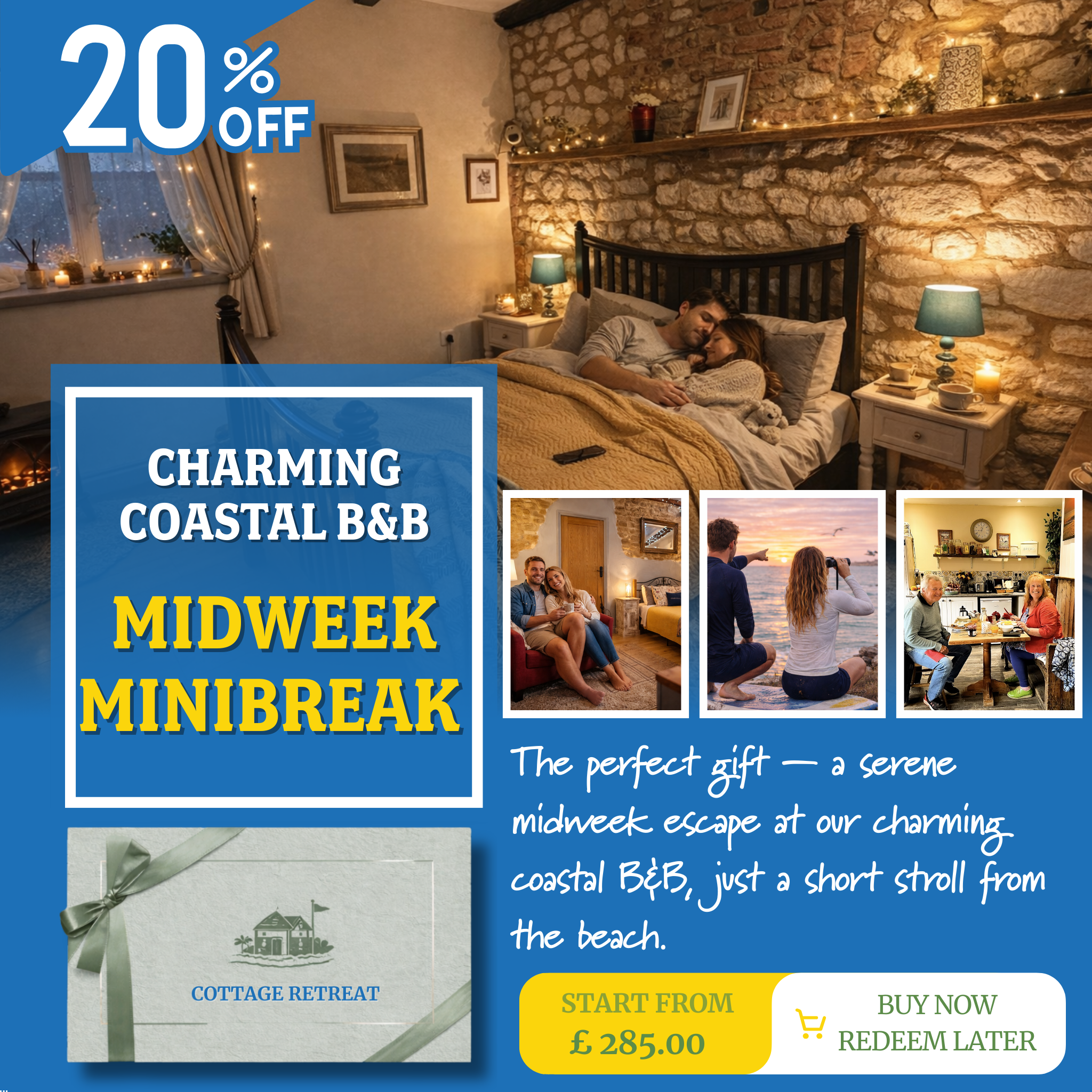 20% Off Romantic Coastal Escape – Bed & Breakfast Gift Voucher Perfect for Lovers