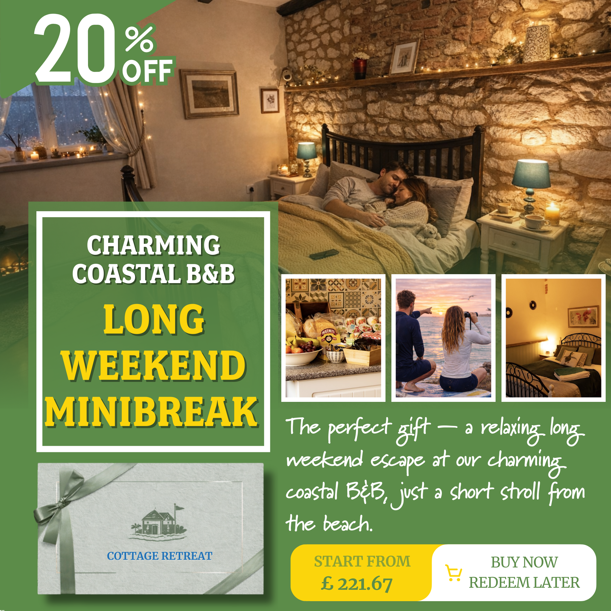 20% Off Romantic Coastal Escape – Bed & Breakfast Gift Voucher Perfect for Lovers