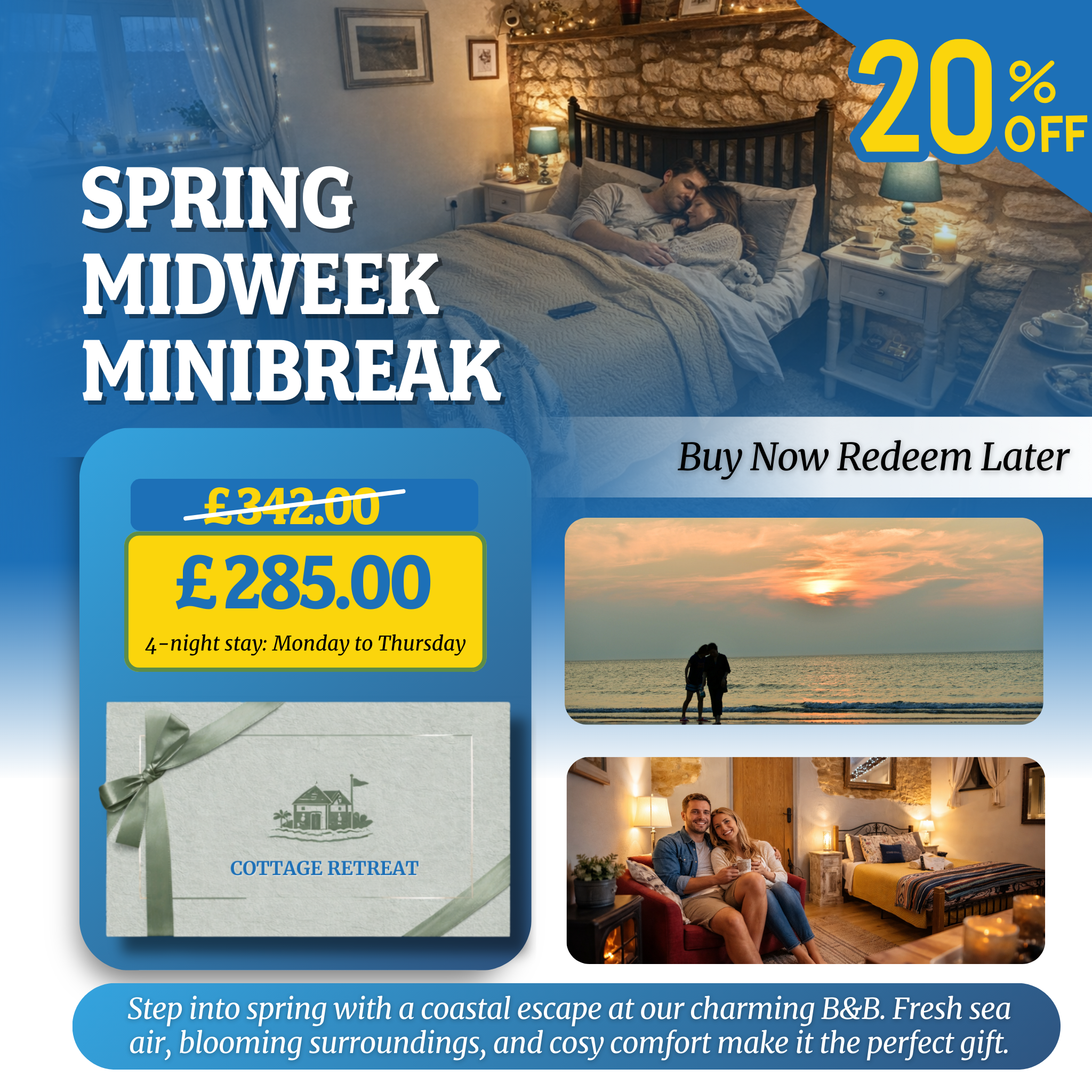 20% Off Romantic Coastal Escape – Bed & Breakfast Gift Voucher Perfect for Lovers