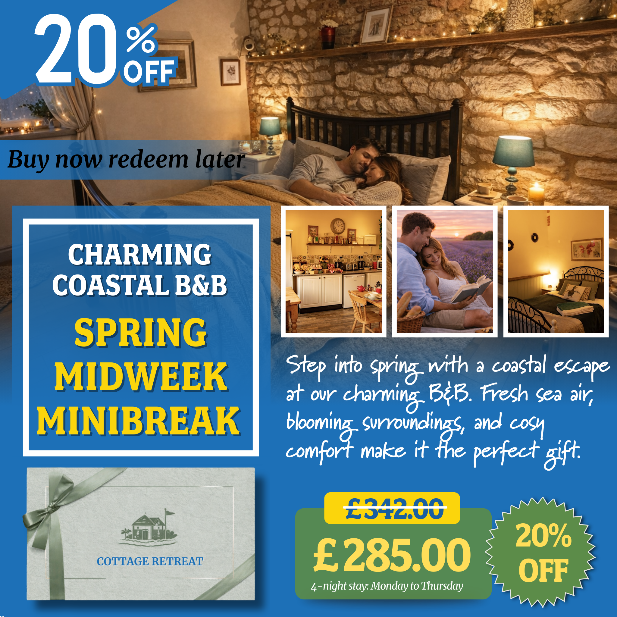 20% Off Romantic Coastal Escape – Bed & Breakfast Gift Voucher Perfect for Lovers