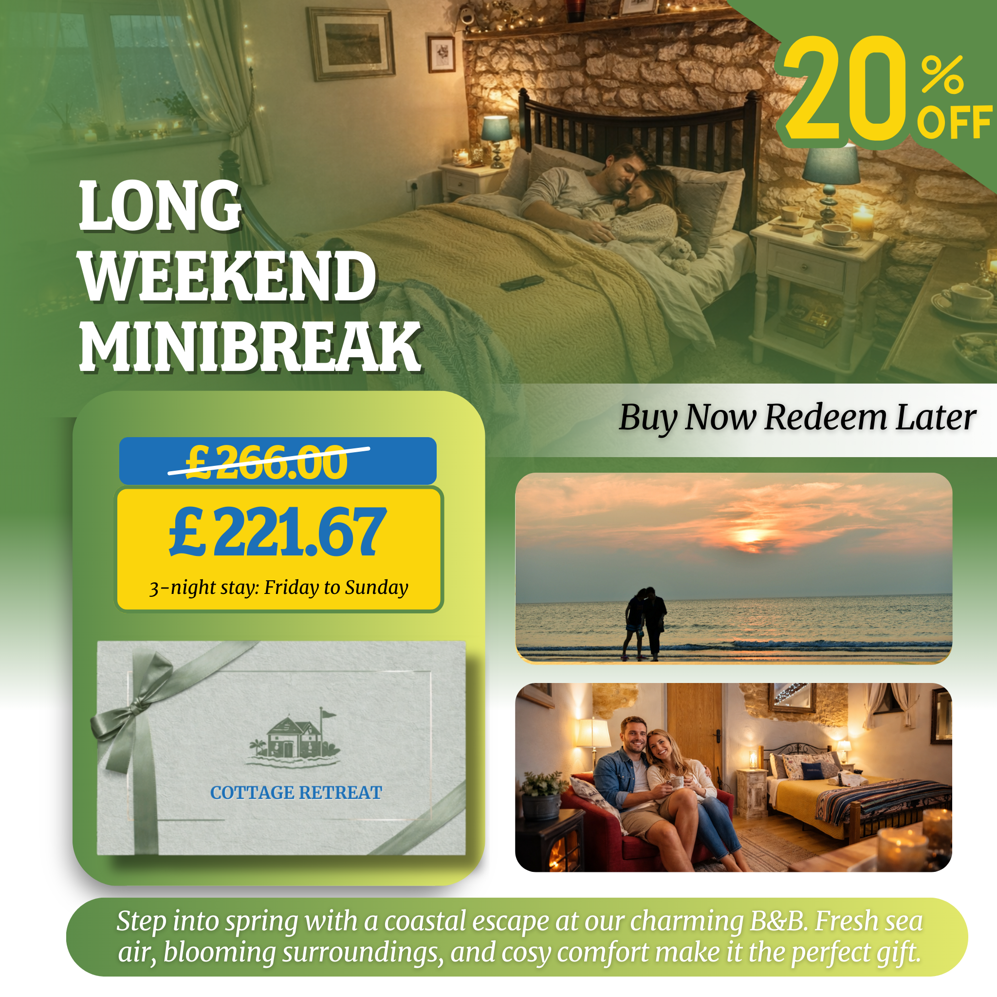 20% Off Romantic Coastal Escape – Bed & Breakfast Gift Voucher Perfect for Lovers