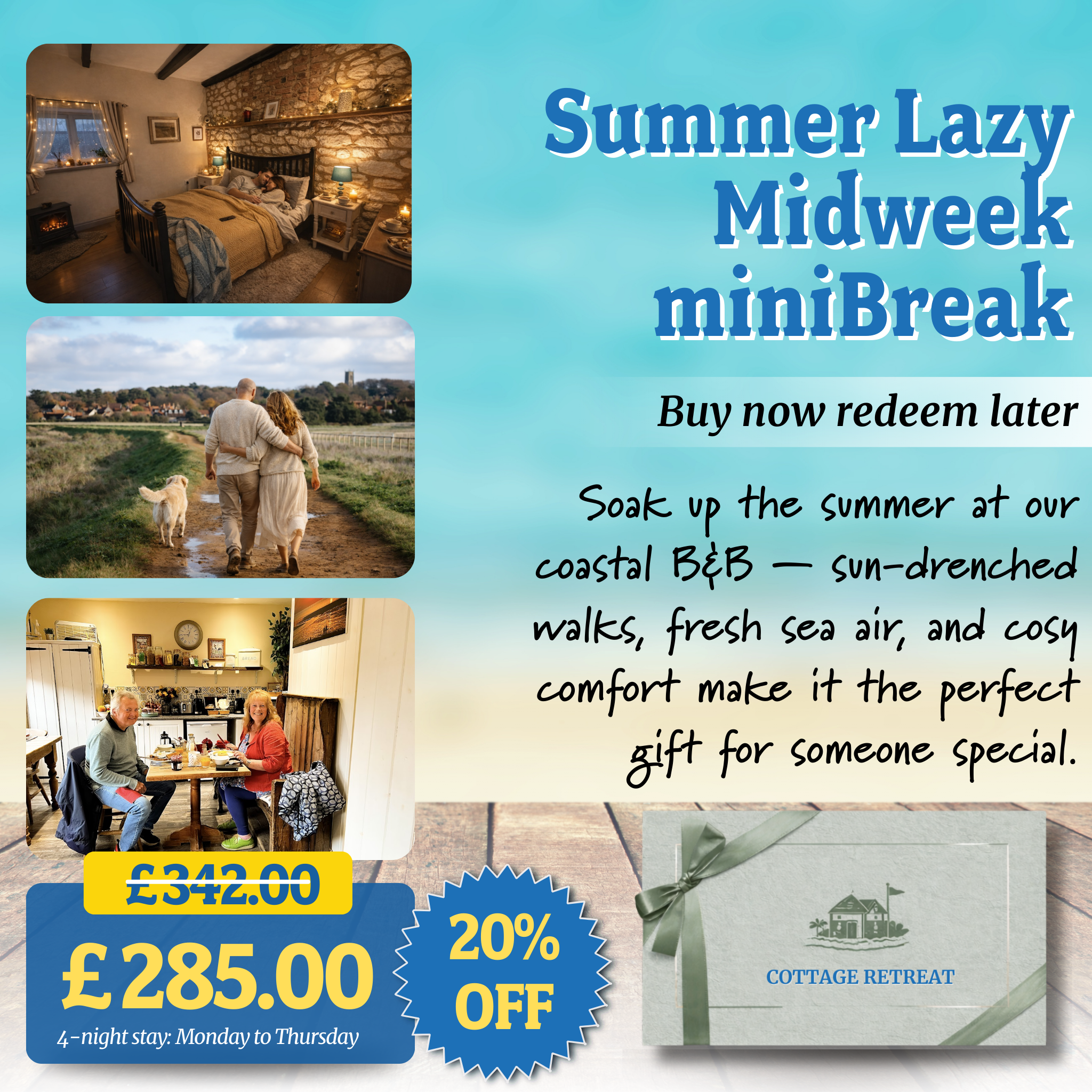 20% Off Romantic Coastal Escape – Bed & Breakfast Gift Voucher Perfect for Lovers