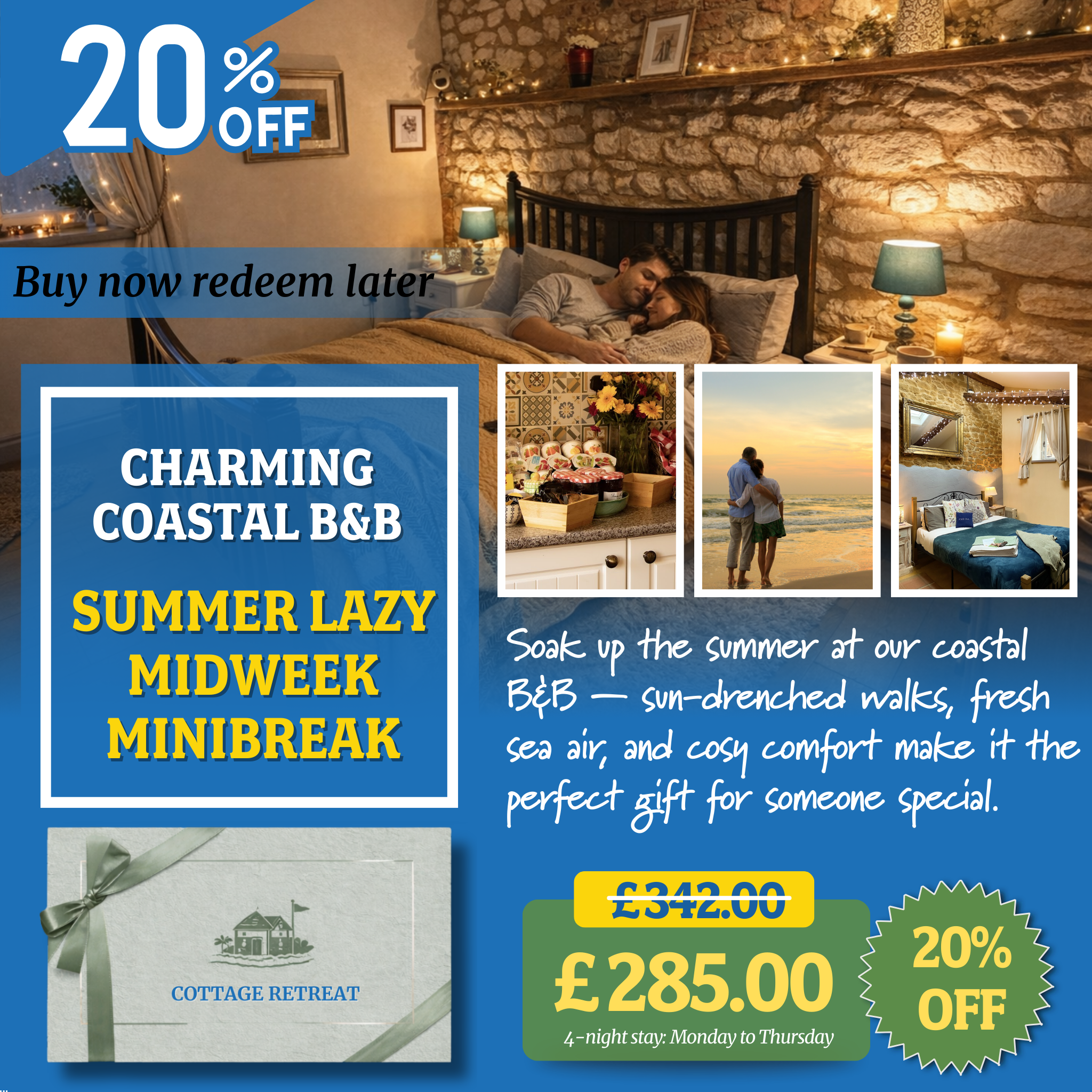 20% Off Romantic Coastal Escape – Bed & Breakfast Gift Voucher Perfect for Lovers