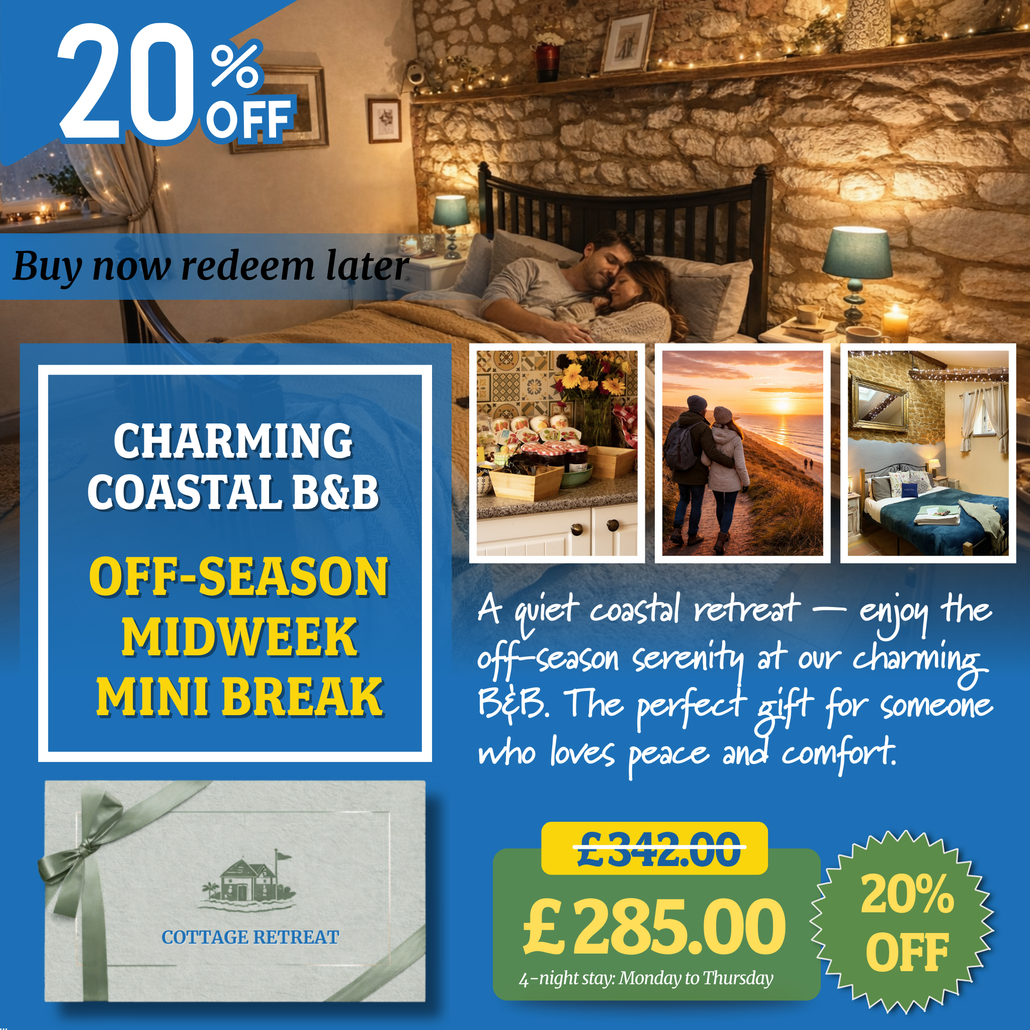 20% Off Romantic Coastal Escape – Bed & Breakfast Gift Voucher Perfect for Lovers