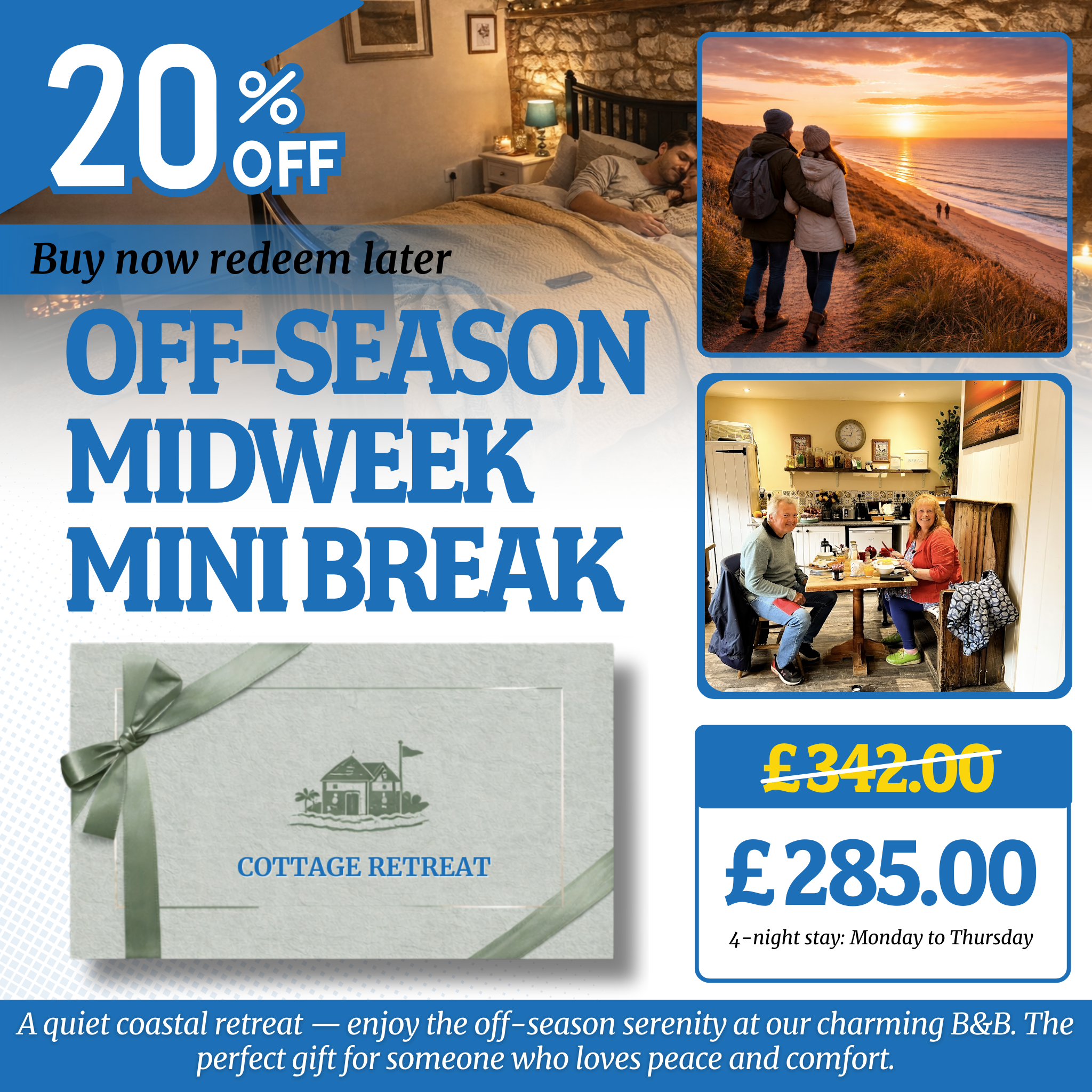 20% Off Romantic Coastal Escape – Bed & Breakfast Gift Voucher Perfect for Lovers