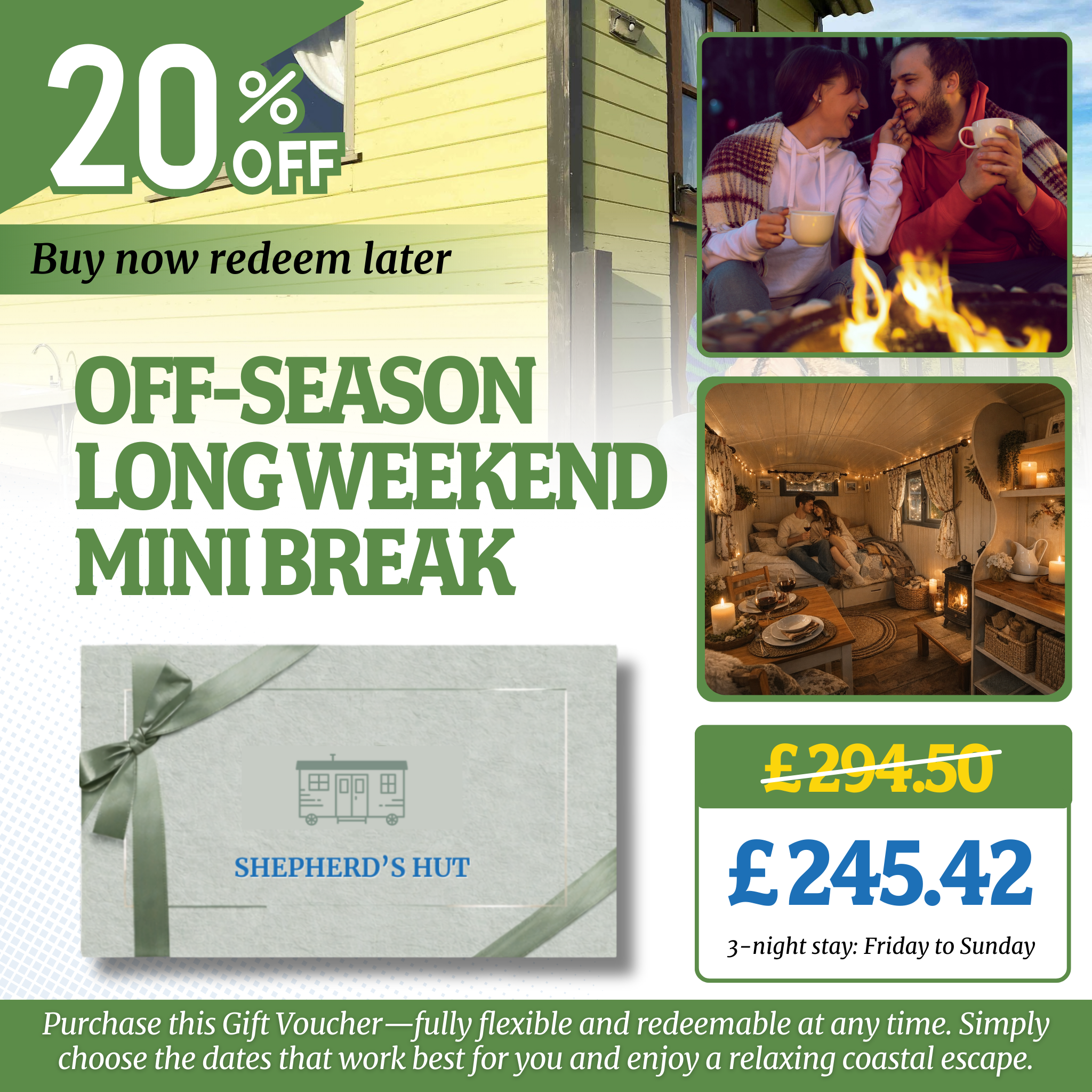 Seaside Shepherd’s Hut Gift Voucher  –  20% OFF
