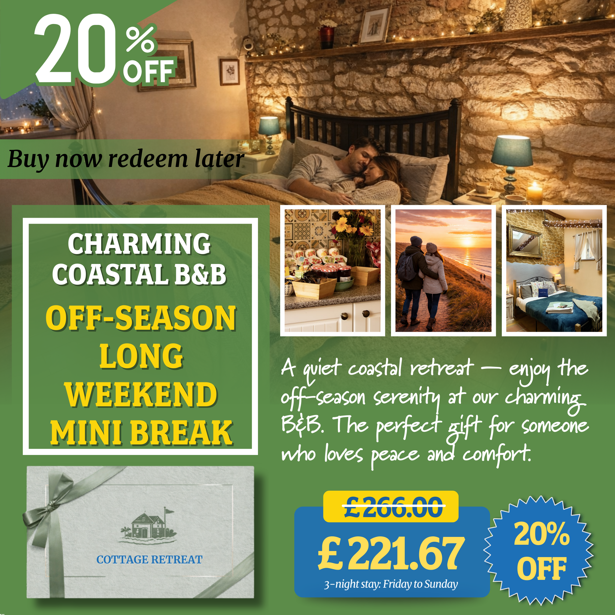 20% Off Romantic Coastal Escape – Bed & Breakfast Gift Voucher Perfect for Lovers