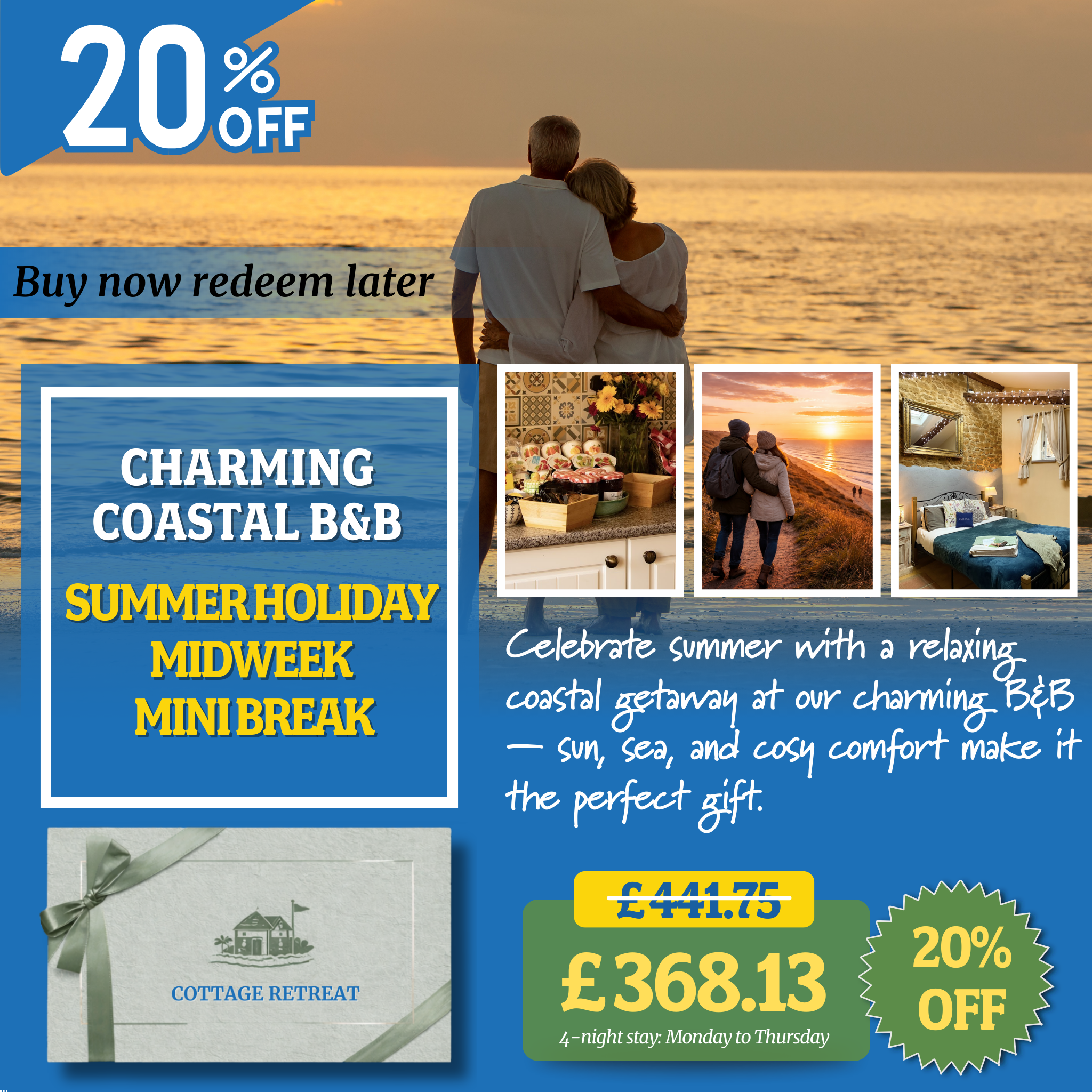 20% Off Romantic Coastal Escape – Bed & Breakfast Gift Voucher Perfect for Lovers