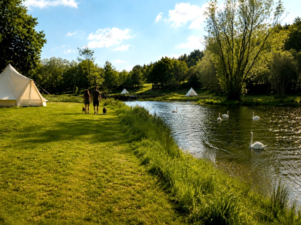 A couple walking with two dogs along the lakeside at the North Norfolk woodland glamping site near Holt, with swans on the water and white bell tents visible on the bank behind them