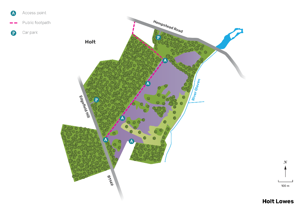 Map of Holt Lowes Site of Special Scientific Interest near Holt, Norfolk, showing heathland and wetland habitat, the River Glaven, access points, public footpaths and car parks. Approximately 800 metres from the North Norfolk camping and glamping site.