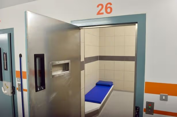 Empty UK police custody cell with a blue mattress, metal toilet, washbasin, and green cell door