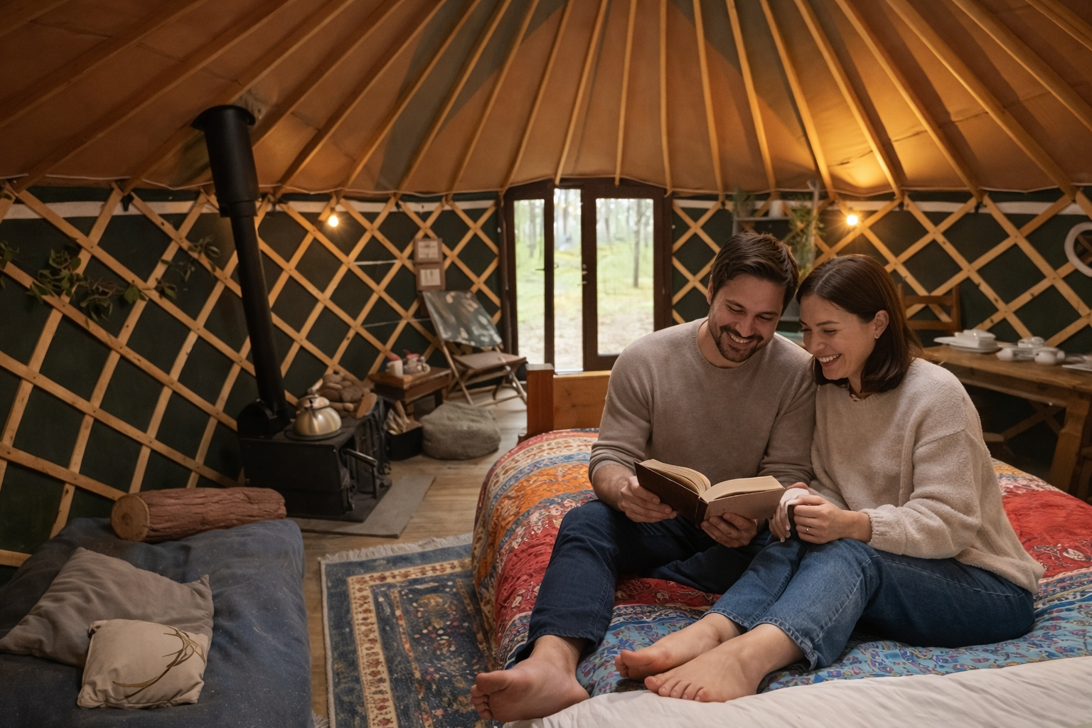 Inside the glamping yurt at the North Norfolk woodland campsite near Holt, wooden lattice walls, circular skylight, wood stove, bed with colourful covers